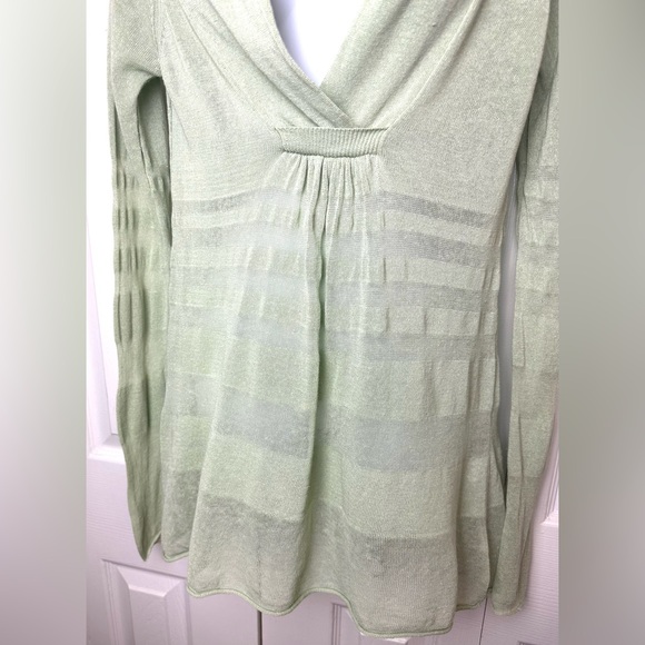 Anthro MOTH Linen Blends Sweater Pale Mint Green Long Tunic VNeck Shawl Striped - Picture 3 of 9